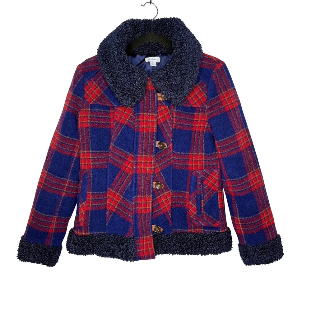 Blue Red Tartan Plaid Coat Sundance Faux Shearling Cabincore Heritage Preppy Sm